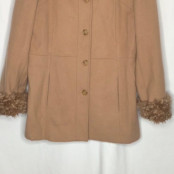 Vintage Esprit Penny Lane Style Tan Wool Coat With Faux Fur Trim Size L - Picture 4 of 16
